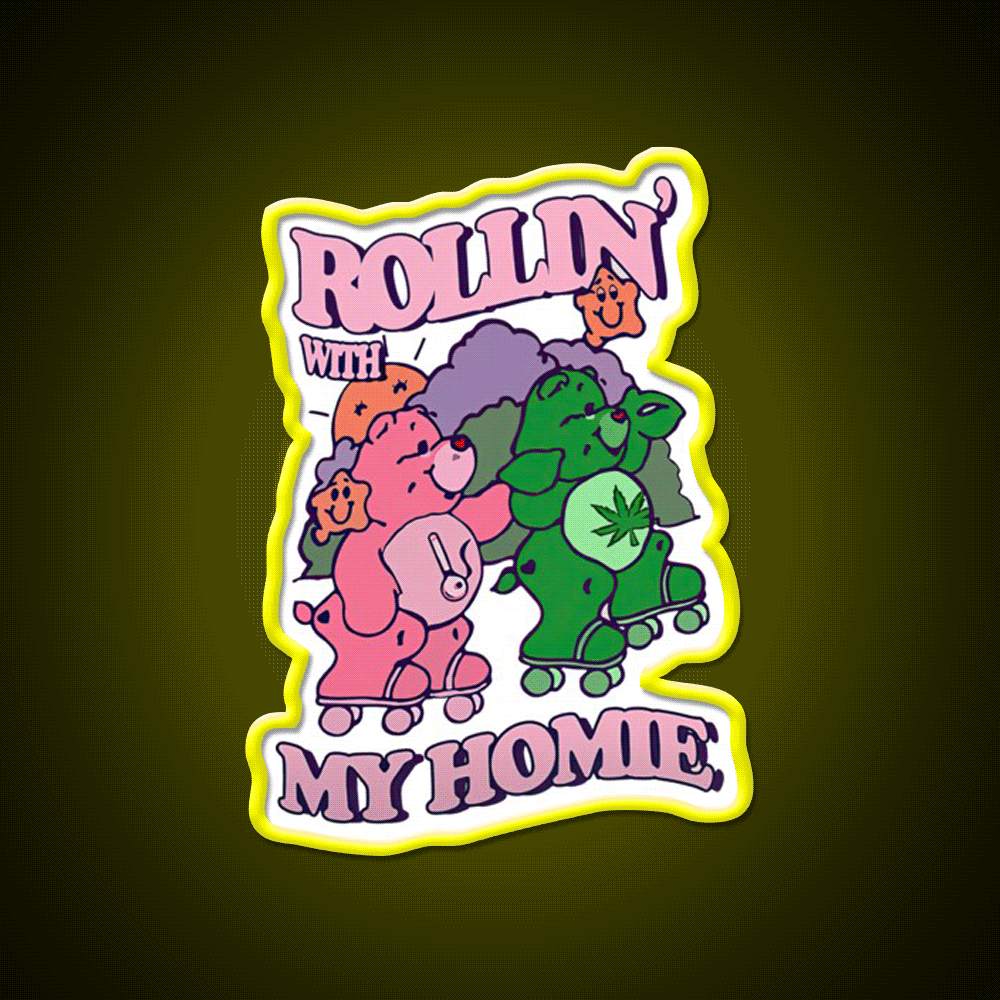 Rollin With My Homie Bear Hemp Inspired Green Leaf Led Neon Sign Rgb Color - Custom LED neon sign front view