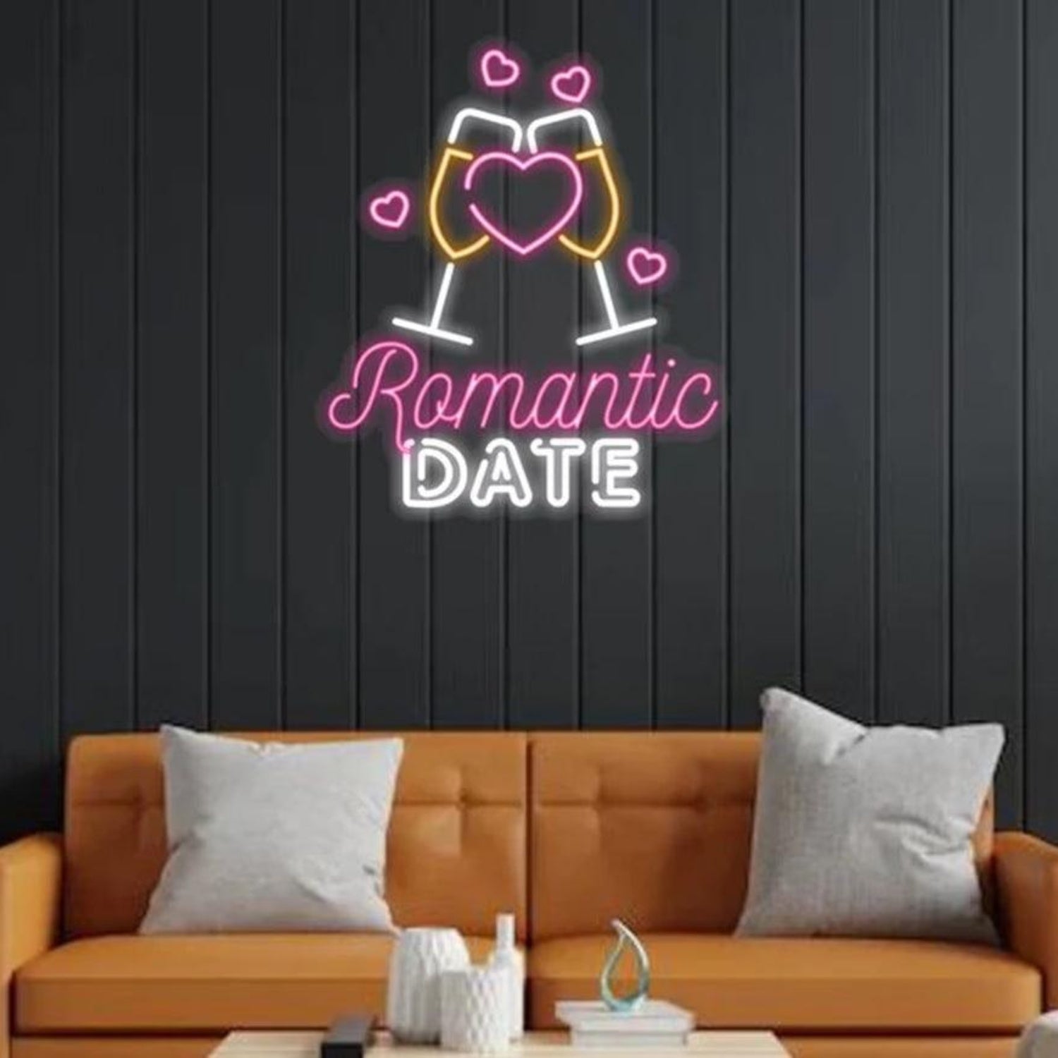 Romantic Date Pink Hearts Wine Glasses Led Neon Sign For Couples Room Decor | Shineneon