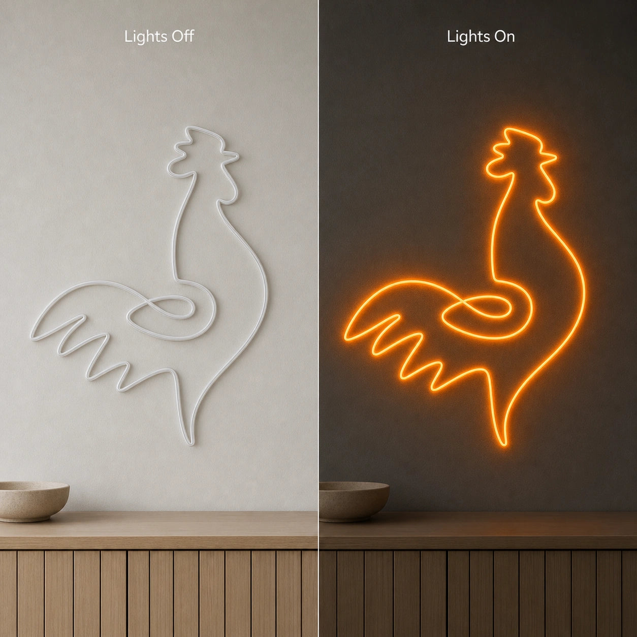 Rooster LED Neon Sign Garage Man Cave Neon Sign day and night comparison