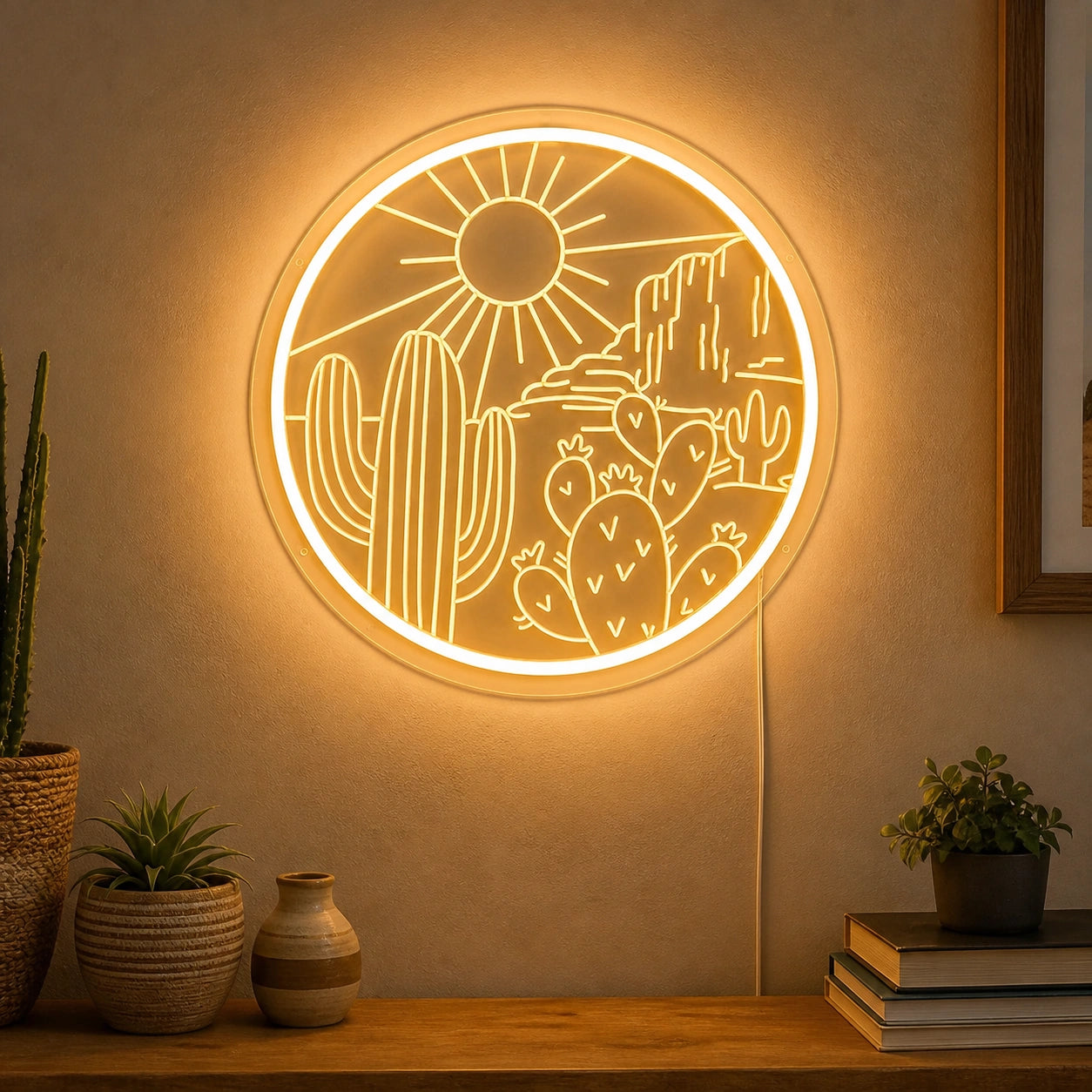Round Cactus Sun Desert Vintage LED Neon Sign real lifestyle scene