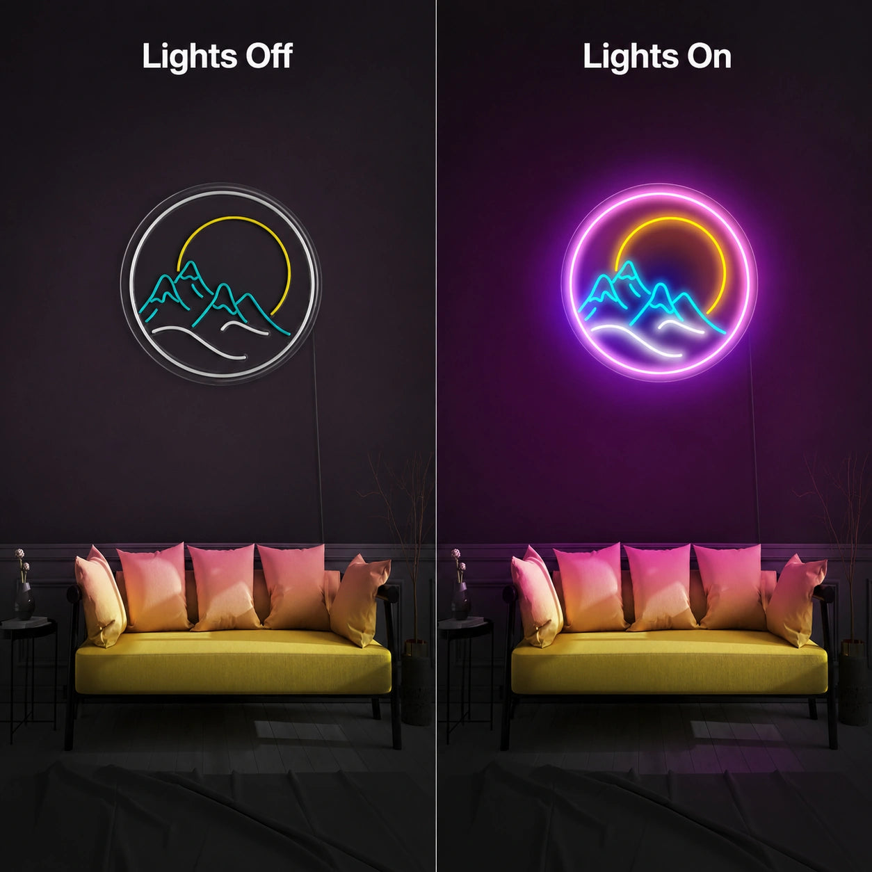 Round Mountain Sunset Neon Sign LED Neon Sign day and night comparison