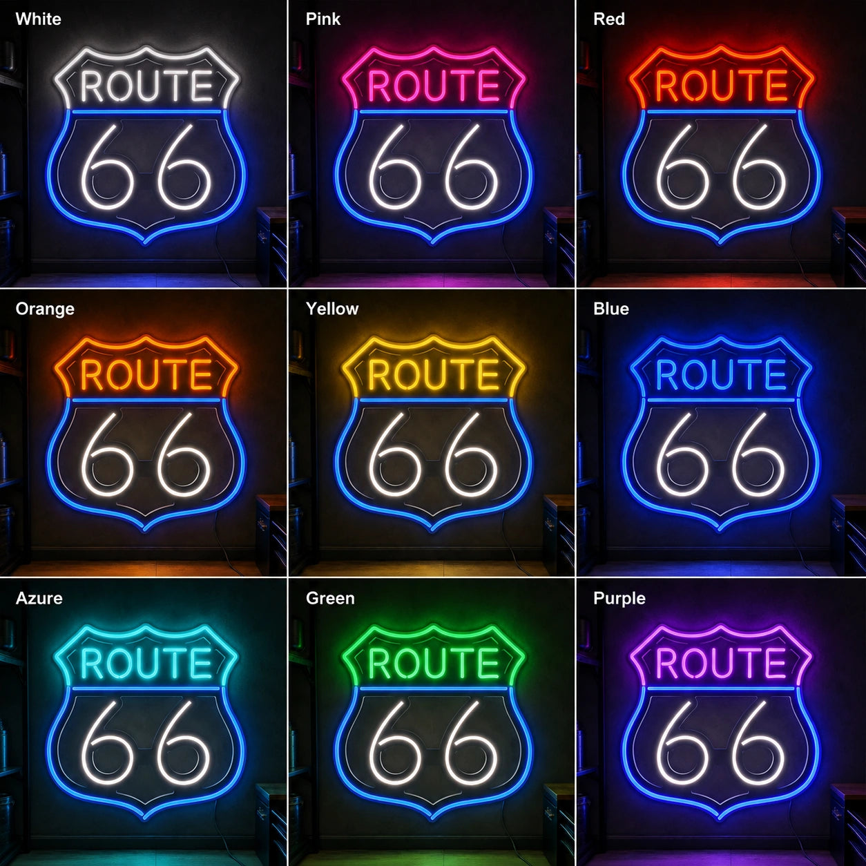 Route 66 Shield LED Neon Sign color grid