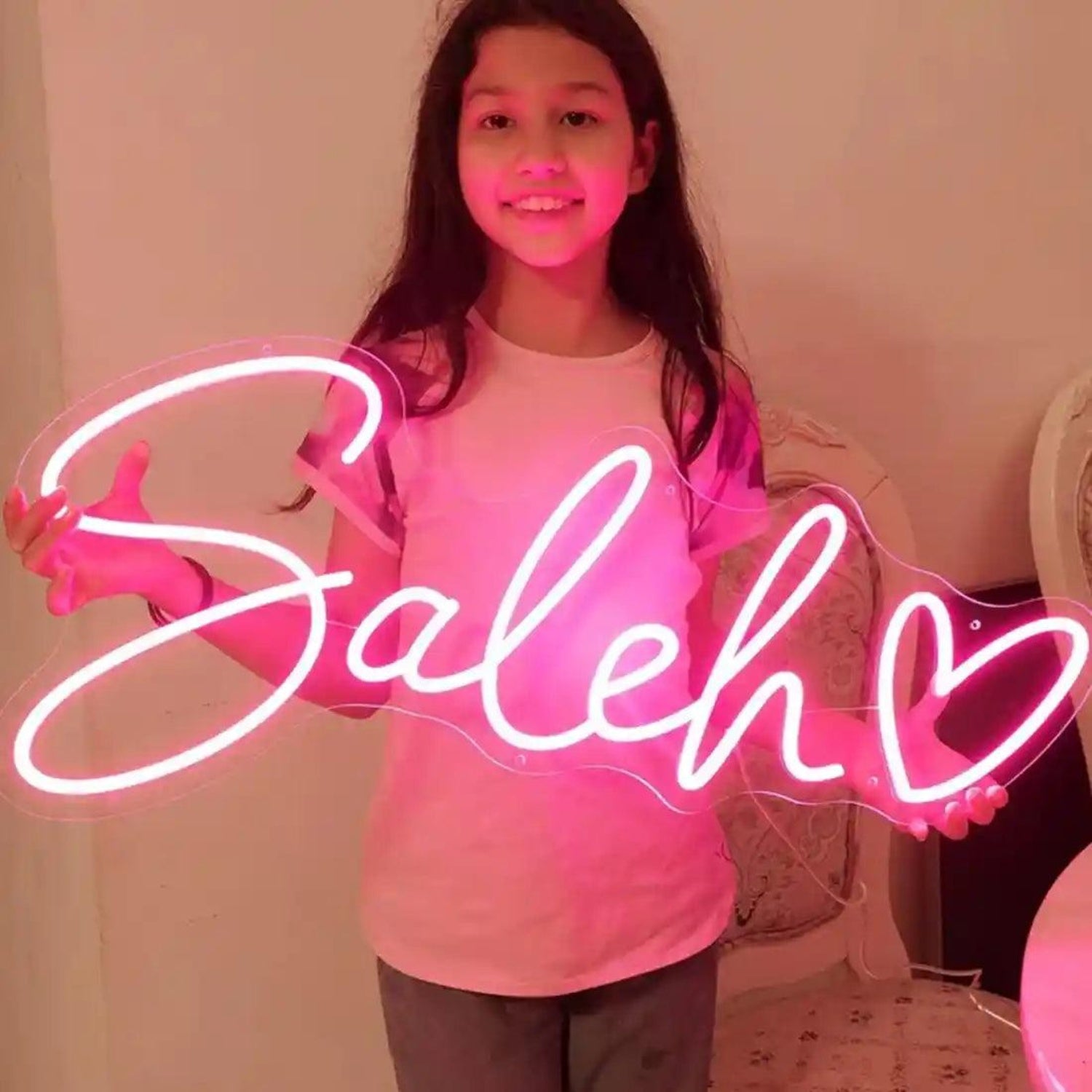 Saleh Name Pink Heart Led Neon Sign For Home Decor | Shineneon