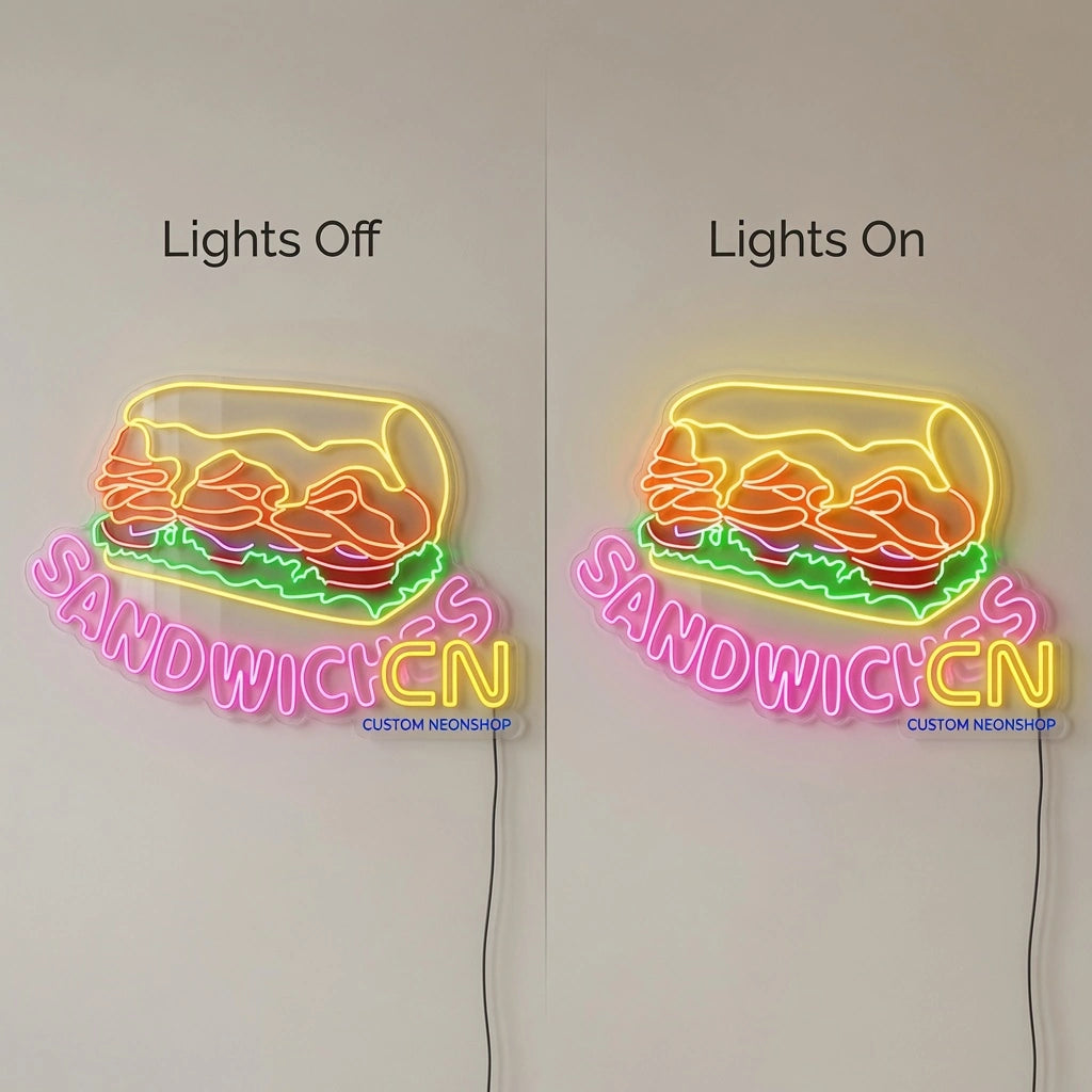 Sandwiches LED Neon Sign - 06 Day Night Comparison