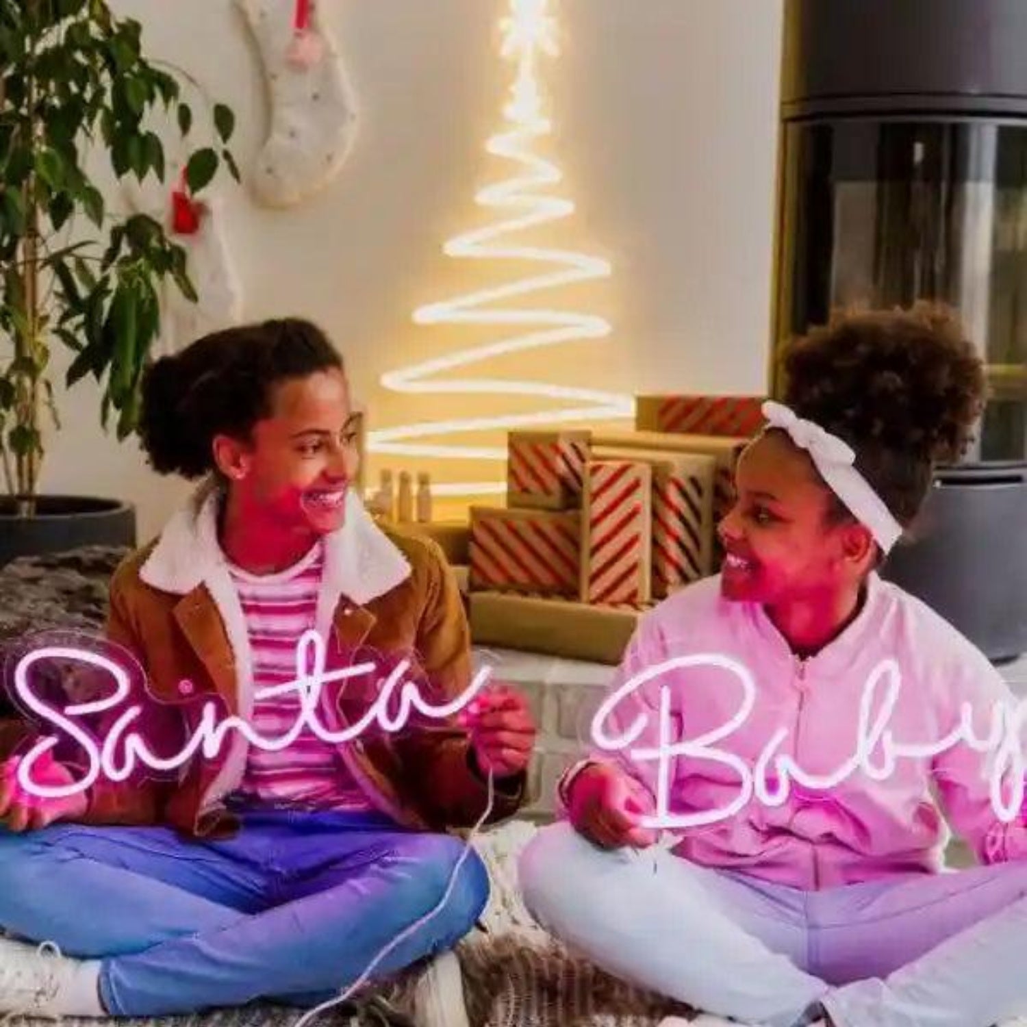 Santa Baby Led Neon Sign Pink White Script Christmas Tree Indoor Decor | Shineneon