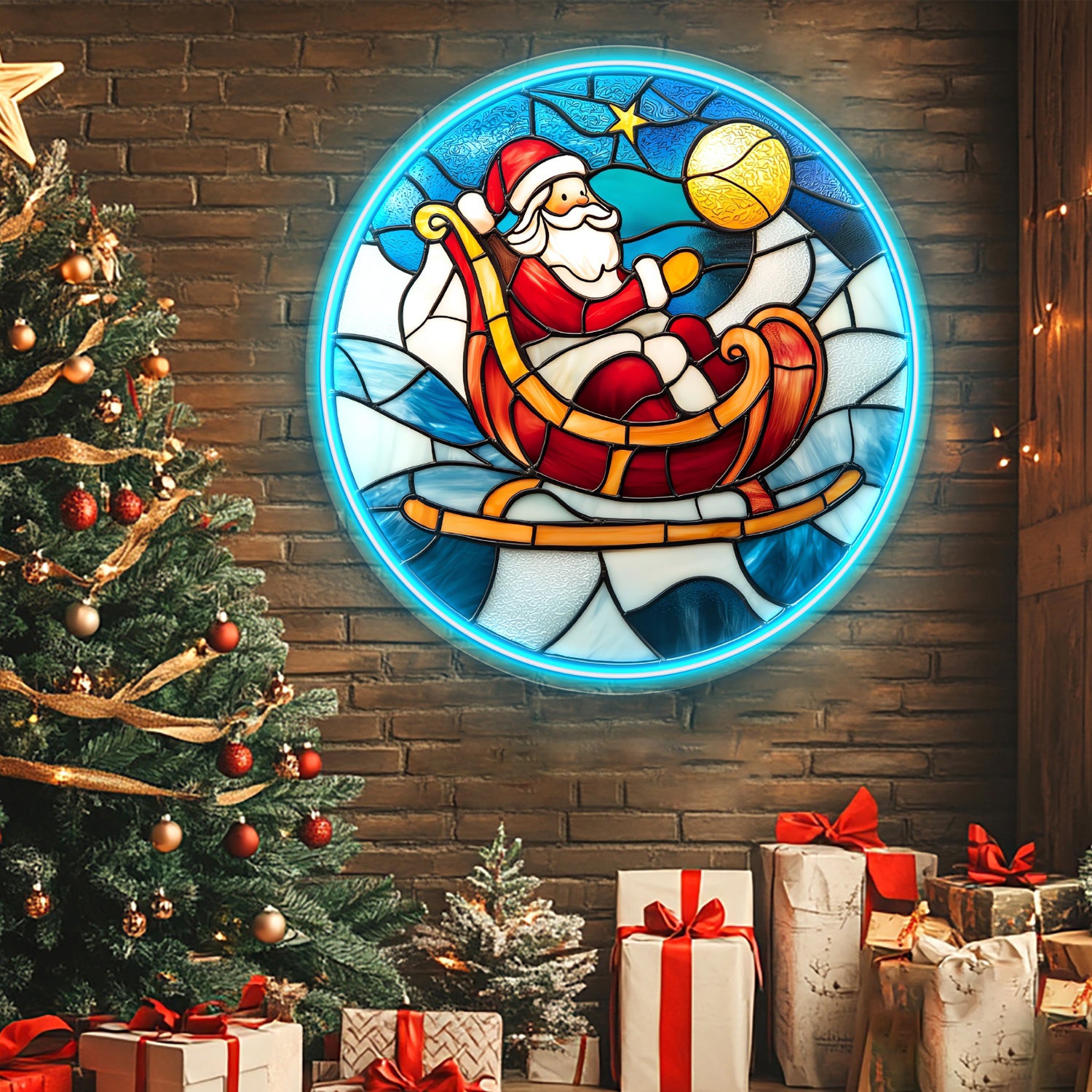 Santa on Sleigh Under Starry Night Acrylic Led Neon Sign | Shineneon