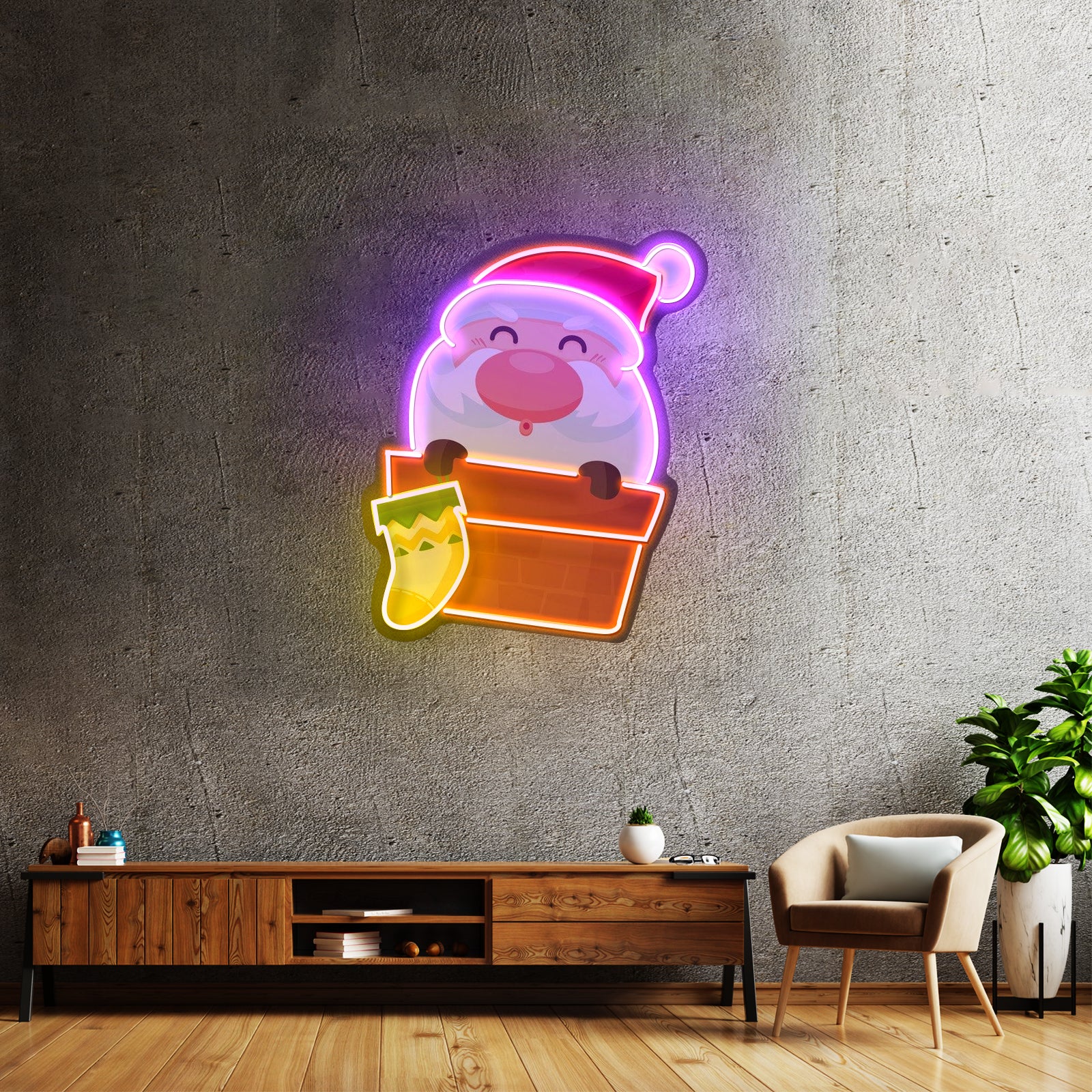 Santa With Sock Christmas Led Neon Acrylic Artwork For Sale