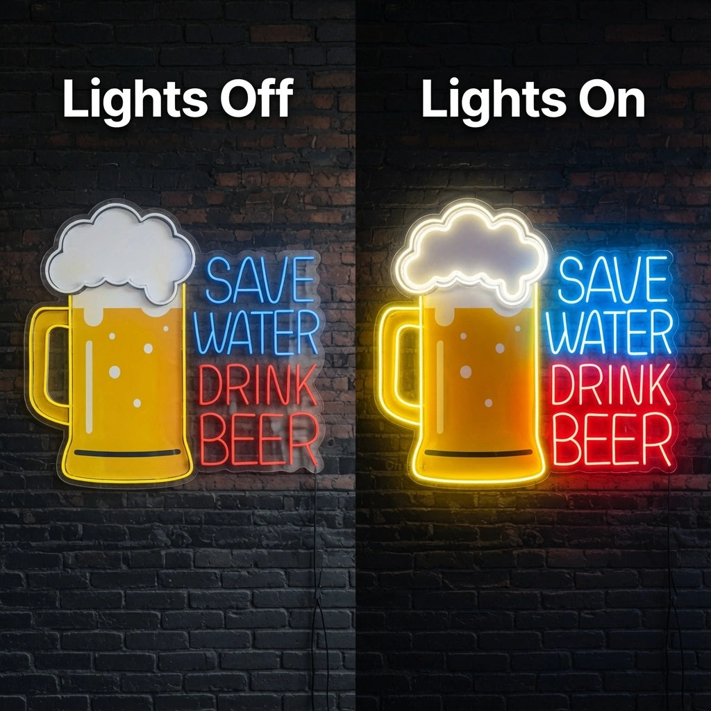 Save Water Drink Beer Room Decor LED Neon Sign - 06 Day Night Comparison