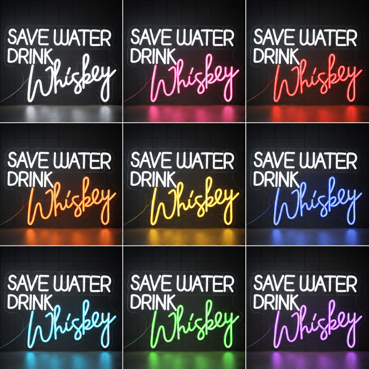 Save Water Drink Whiskey Wall Decor LED Neon Sign color grid