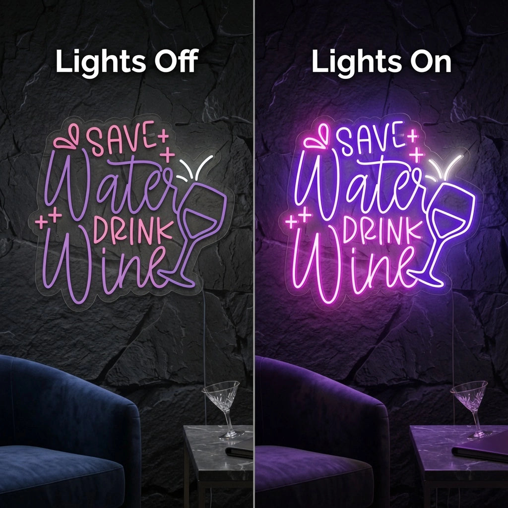 Save Water Drink Wine LED Neon Sign - 06 Day Night Comparison