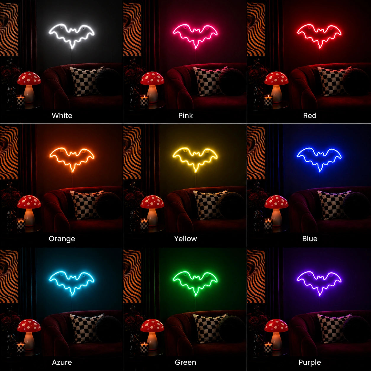 Scalloped Bat Wings Outline LED Neon Sign day and night comparison