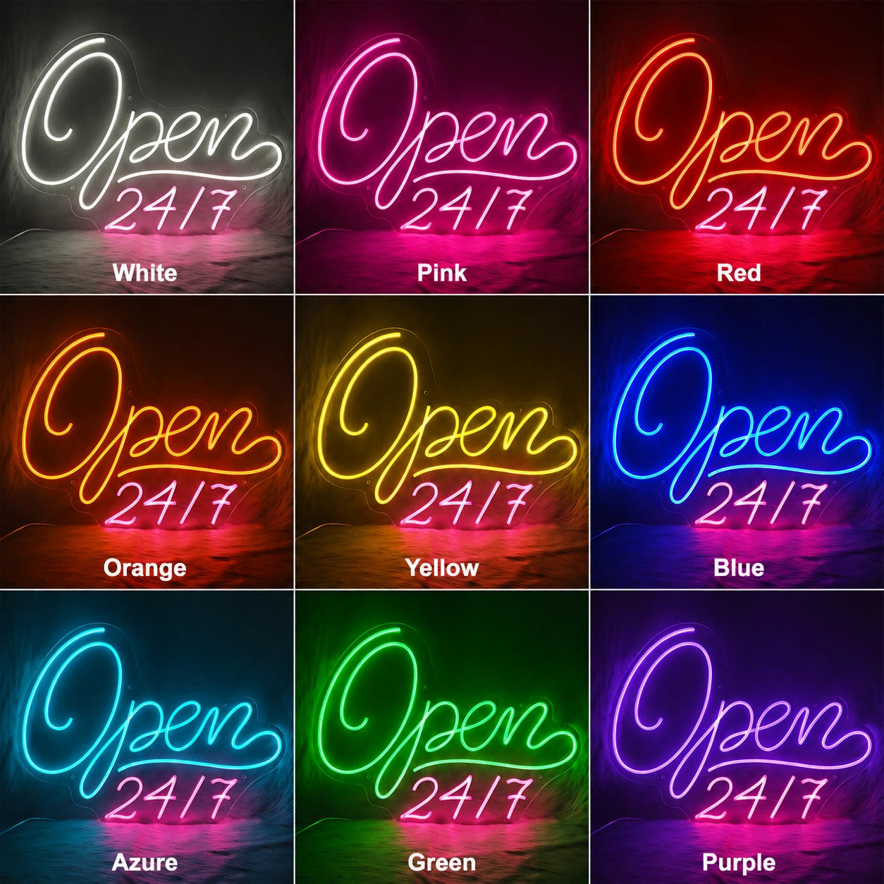 Script Open 24 Seven Neon Sign LED Neon Sign color grid