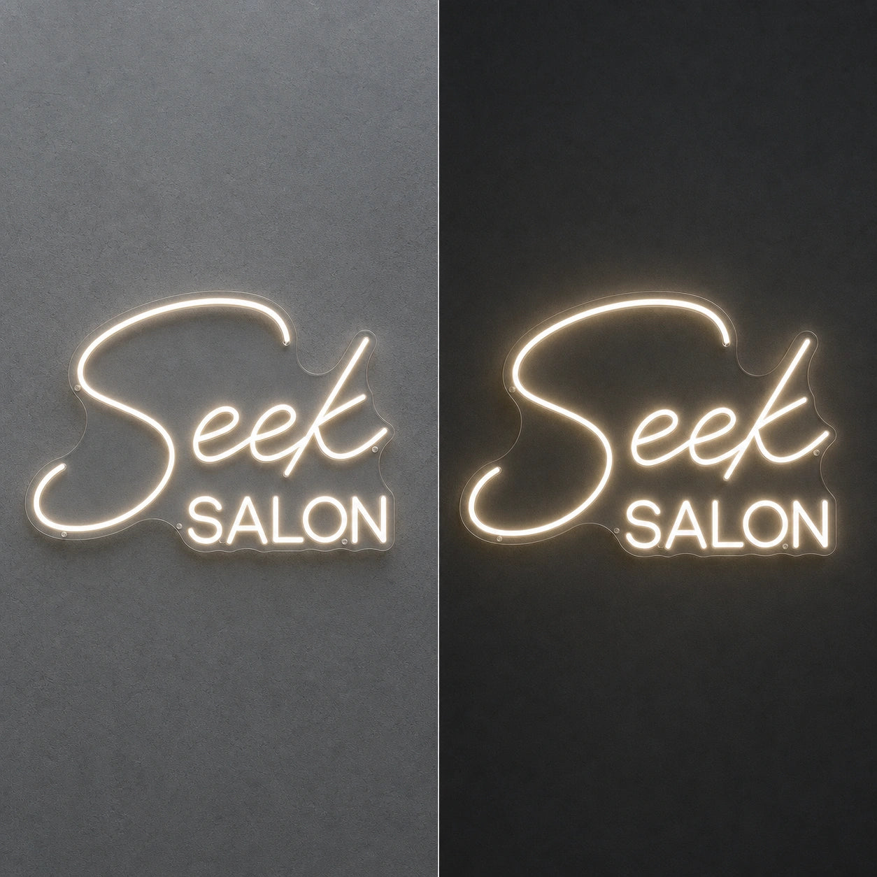 Seek Salon LED Neon Sign Garage Man Cave Neon Sign day and night comparison
