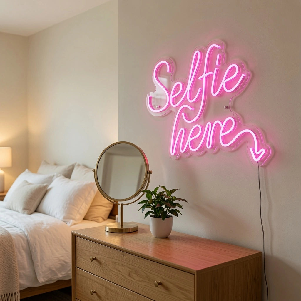 Selfie Here LED Neon Sign Home Wall Art - 03 Real Lifestyle Scene