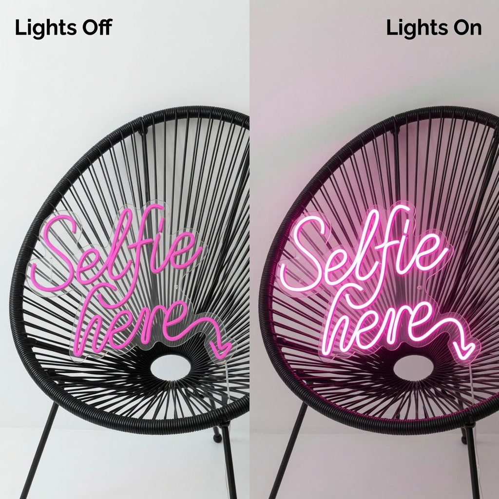 Selfie Here LED Neon Sign Wall Neon Sign - 06 Day Night Comparison