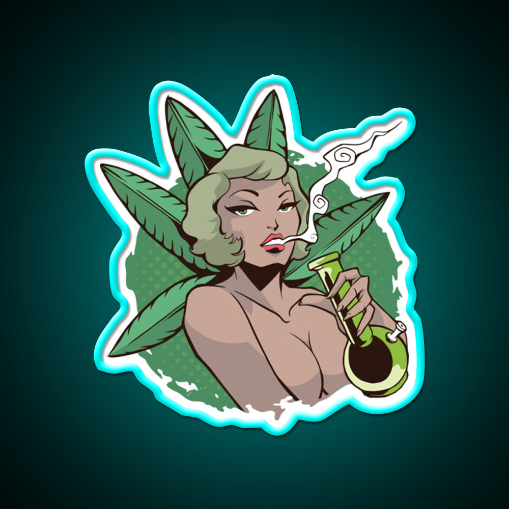 Sexy Pin Up Woman Bong Hemp Inspired Green Leaf Led Neon Sign Rgb Color