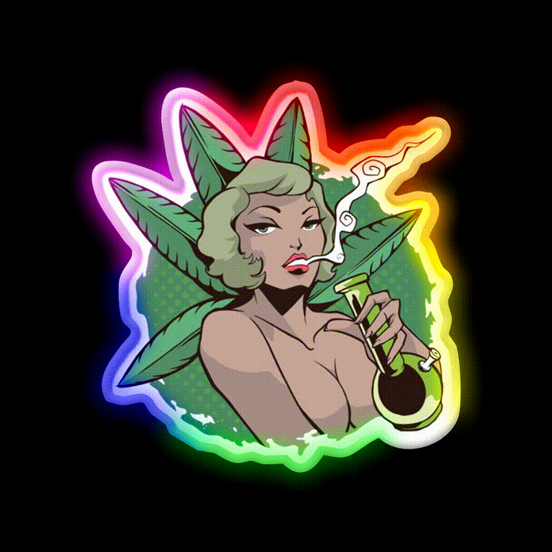 Sexy Pin Up Woman Bong Hemp Inspired Green Leaf Led Neon Sign Rgb Color - LED neon sign close-up detail