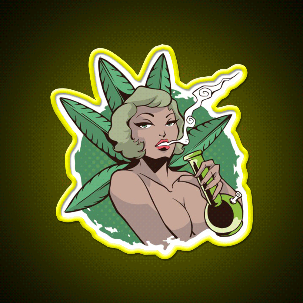 Sexy Pin Up Woman Bong Hemp Inspired Green Leaf Led Neon Sign Rgb Color - Custom LED neon sign front view