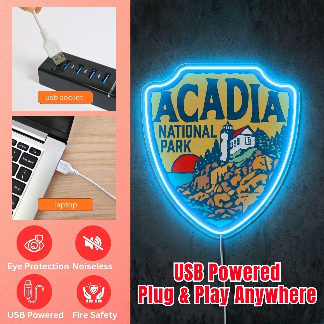 ShineNeon™ Acadia National Park Neon Sign Maine Lighthouse Coastal Decor USB Power Neon Sign - Shineneon