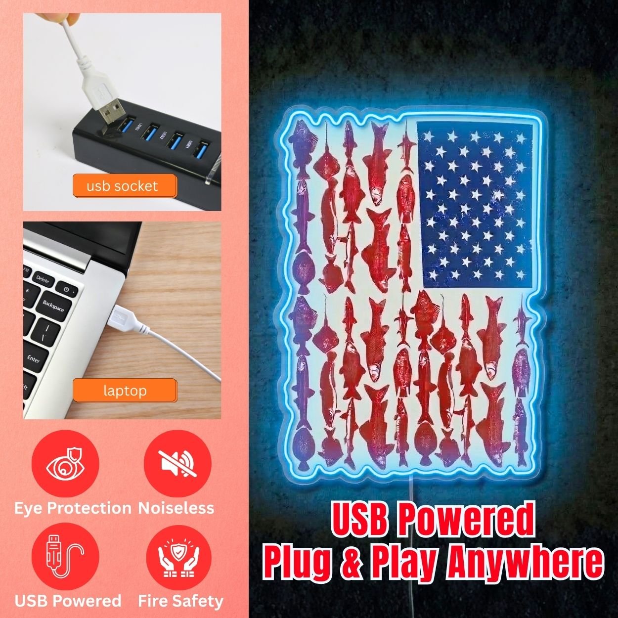 ShineNeon™ American Flag Fish Species Neon Sign Patriotic Angler Wall Art USB Powered - Shineneon
