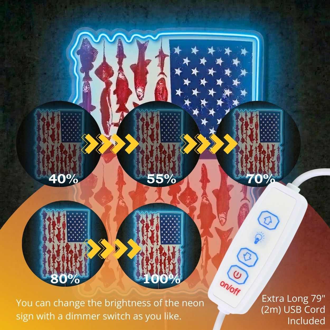 ShineNeon™ American Flag Fish Species Neon Sign Patriotic Angler Wall Art USB Powered - Shineneon