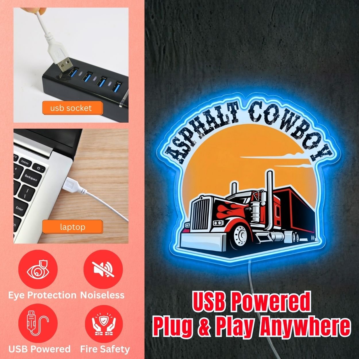 ShineNeon™ Asphalt Cowboy Semi Truck Neon Sign Big Rig Long Haul Decor USB Power Neon Sign - Shineneon