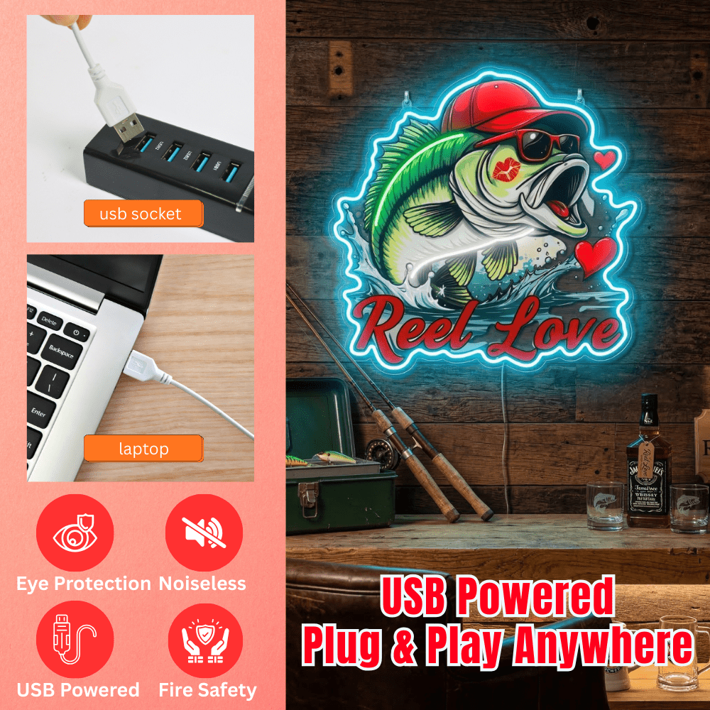ShineNeon™ Bass Fishing Reel Love Neon Sign with Hearts Man Cave Wall Art USB Powered - Shineneon