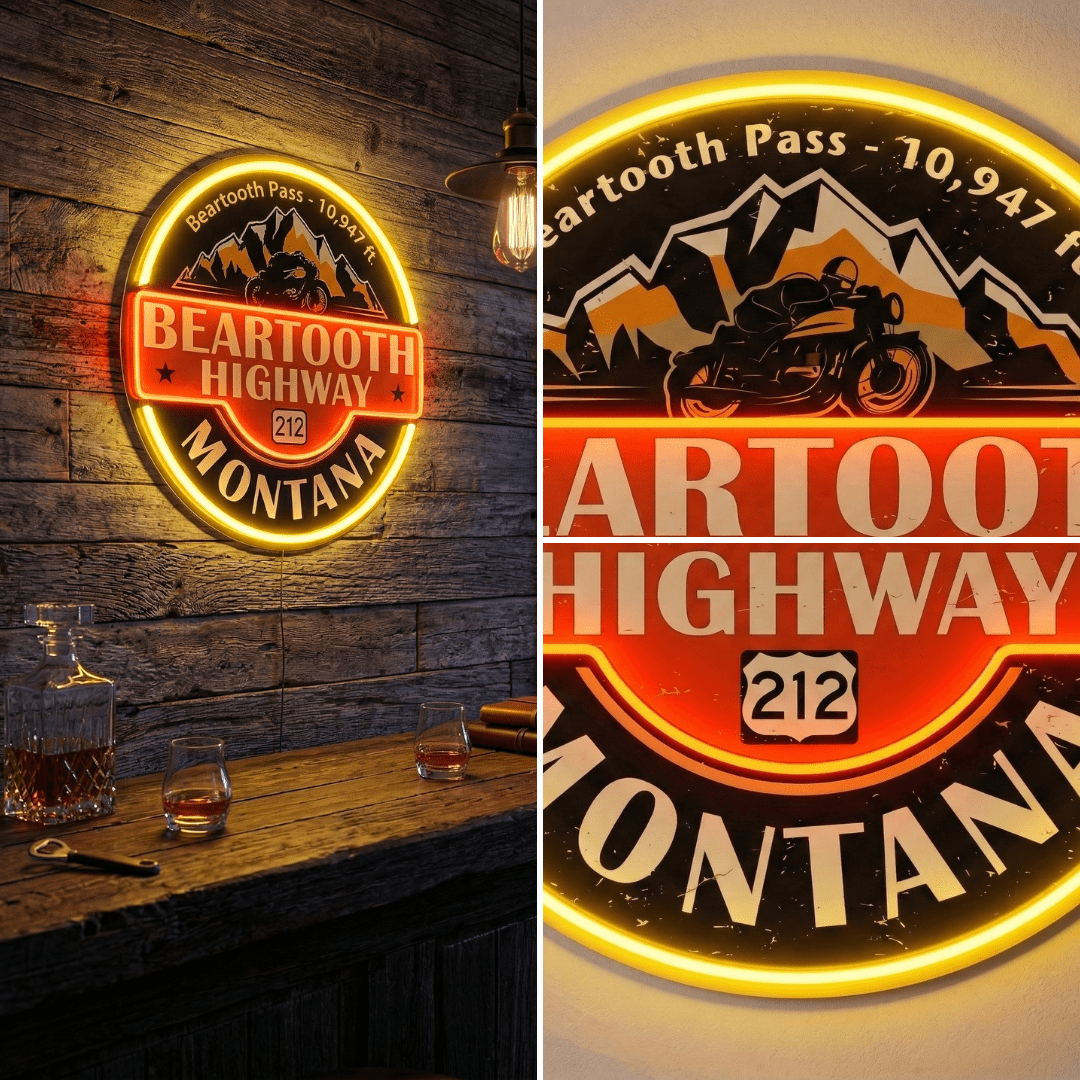 ShineNeon™ Beartooth Highway 212 Motorcycle Neon Sign - Retro Montana Garage & Man Cave Decor - Shineneon