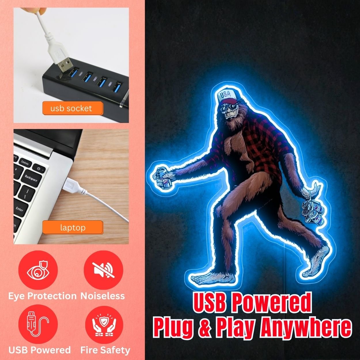 ShineNeon™ Bigfoot Beer Run Neon Sign Red Plaid Sasquatch Man Cave Decor USB Power Neon Sign - Shineneon