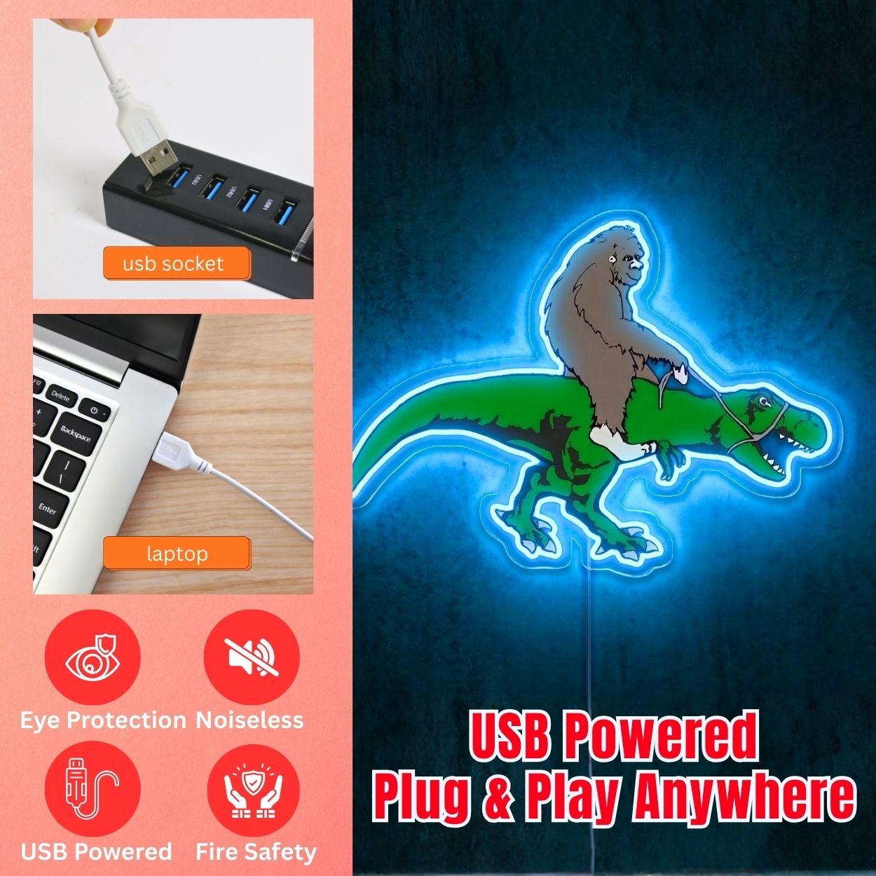 ShineNeon™ Bigfoot Riding T - Rex Neon Sign Funny Sasquatch Dinosaur Wall Art USB Power - Shineneon