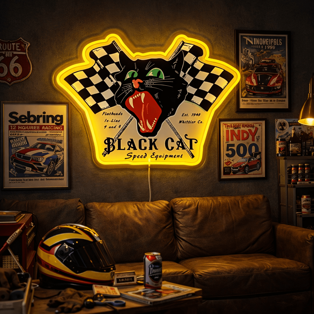 ShineNeon™ Black Cat Speed Equipment LED Sign Retro Hot Rod Garage & Man Cave Decor USB Power - Shineneon