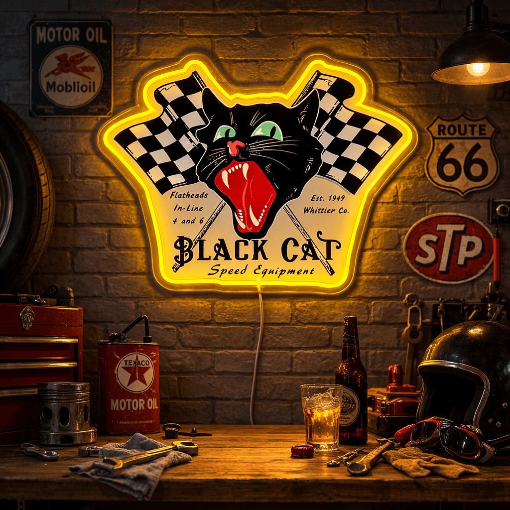 ShineNeon™ Black Cat Speed Equipment LED Sign Retro Hot Rod Garage & Man Cave Decor USB Power - Shineneon
