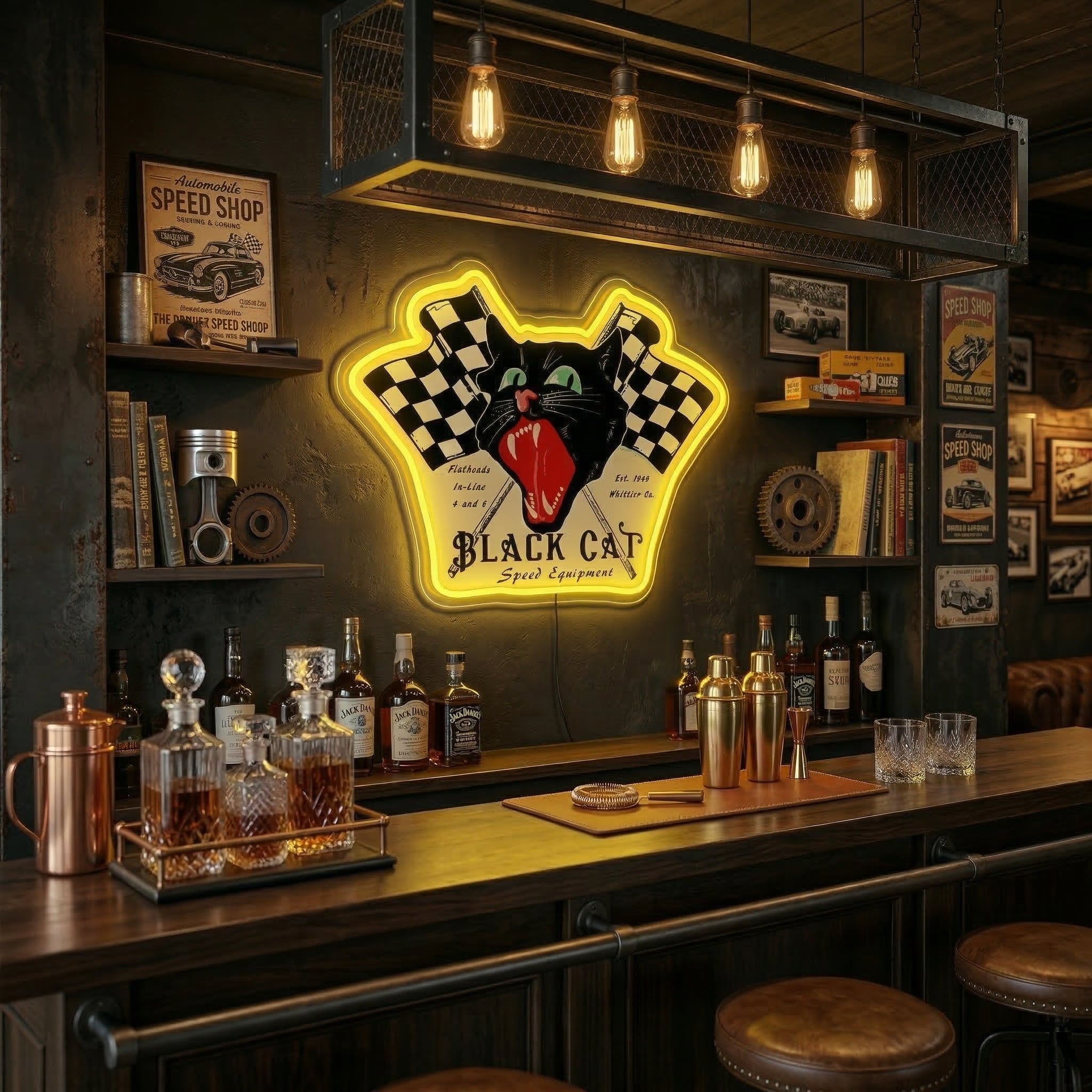 ShineNeon™ Black Cat Speed Equipment LED Sign Retro Hot Rod Garage & Man Cave Decor USB Power - Shineneon