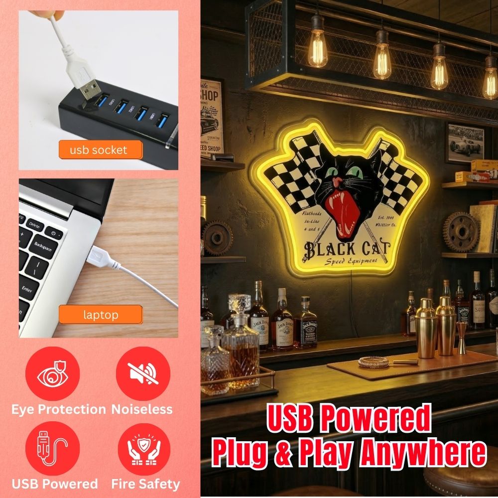 ShineNeon™ Black Cat Speed Equipment LED Sign Retro Hot Rod Garage & Man Cave Decor USB Power - Shineneon