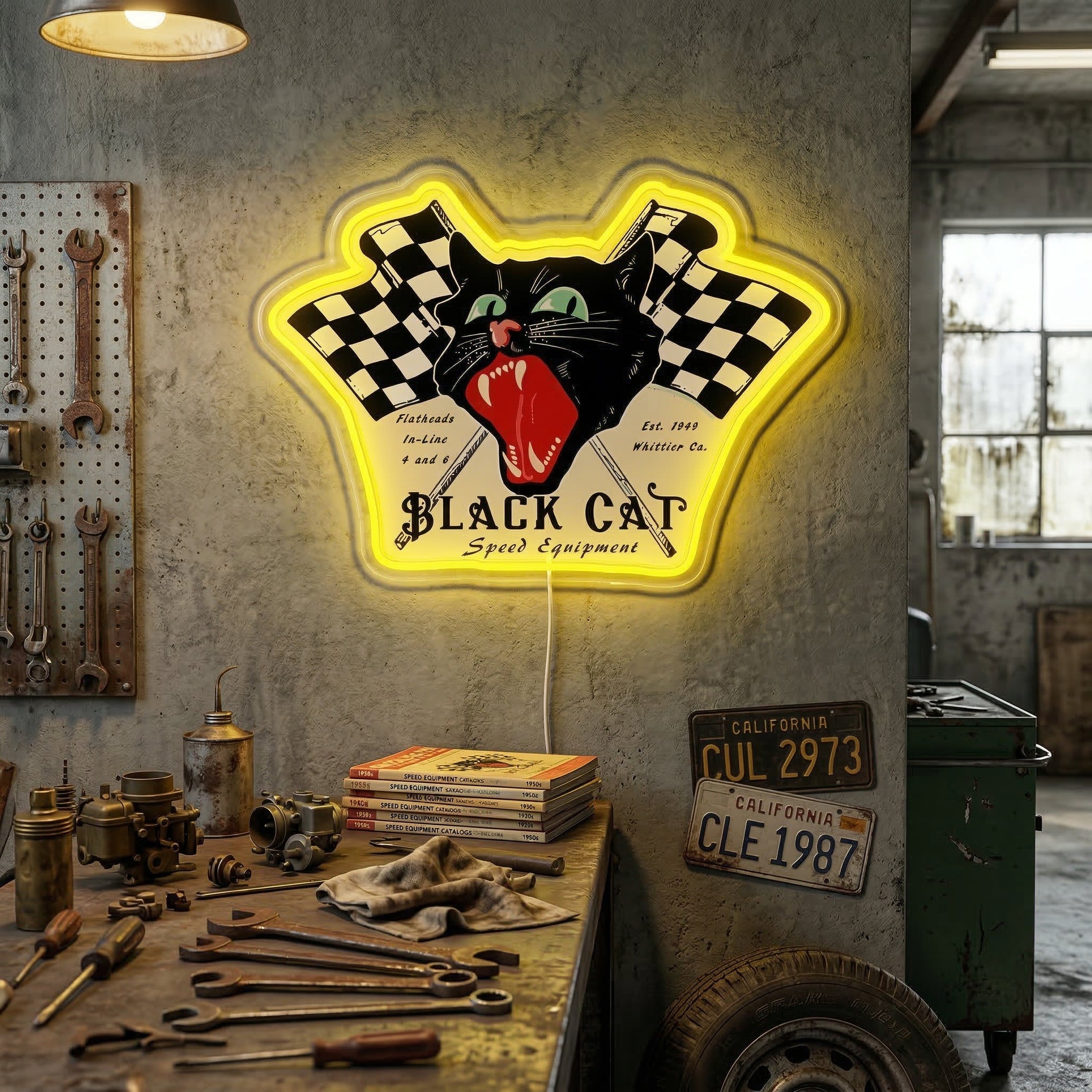 ShineNeon™ Black Cat Speed Equipment LED Sign Retro Hot Rod Garage & Man Cave Decor USB Power - Shineneon