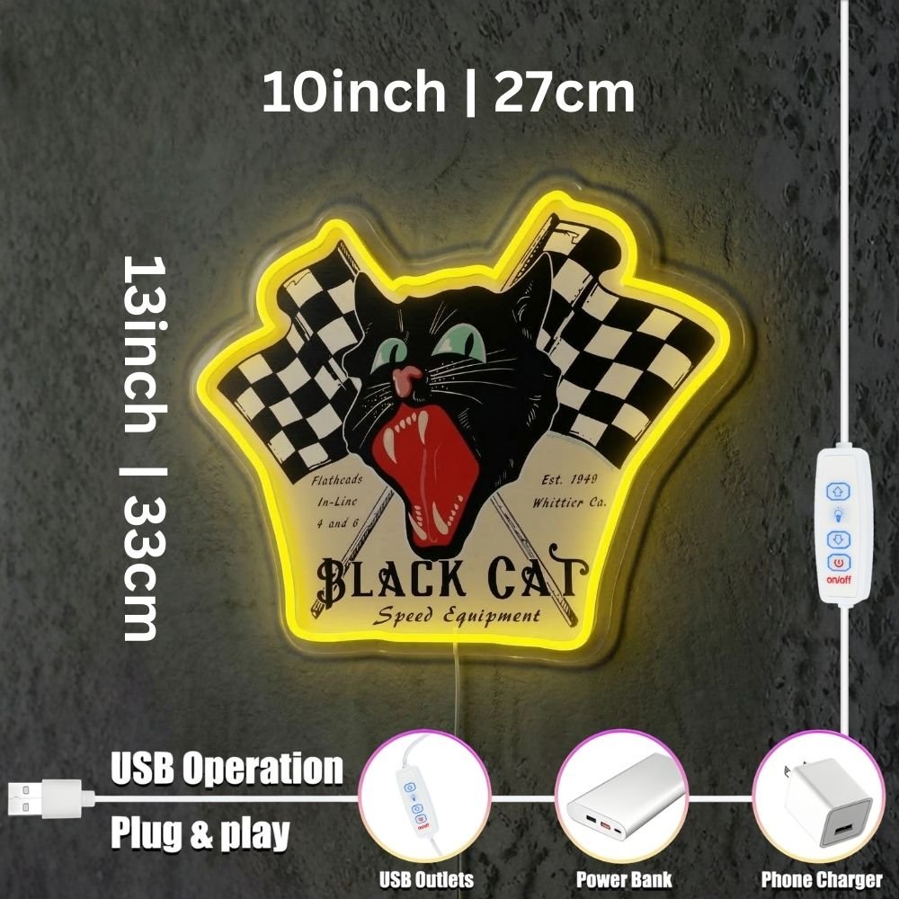 ShineNeon™ Black Cat Speed Equipment LED Sign Retro Hot Rod Garage & Man Cave Decor USB Power - Shineneon