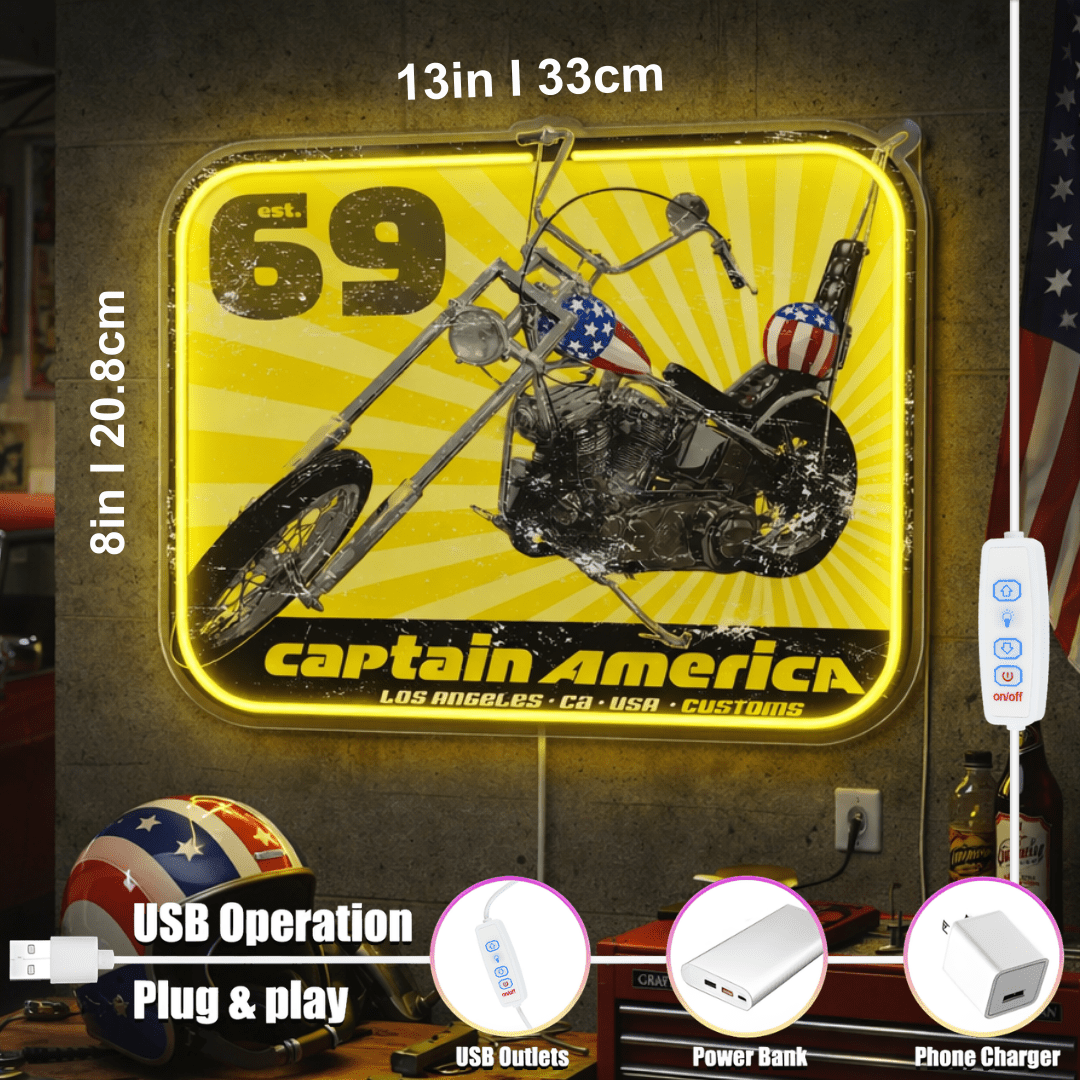 ShineNeon™ Captain America Chopper LED Neon Sign - Vintage 69 Biker Wall Art - Shineneon