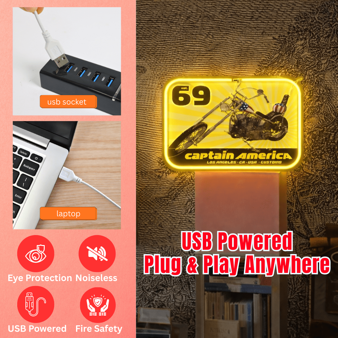 ShineNeon™ Captain America Chopper LED Neon Sign - Vintage 69 Biker Wall Art - Shineneon