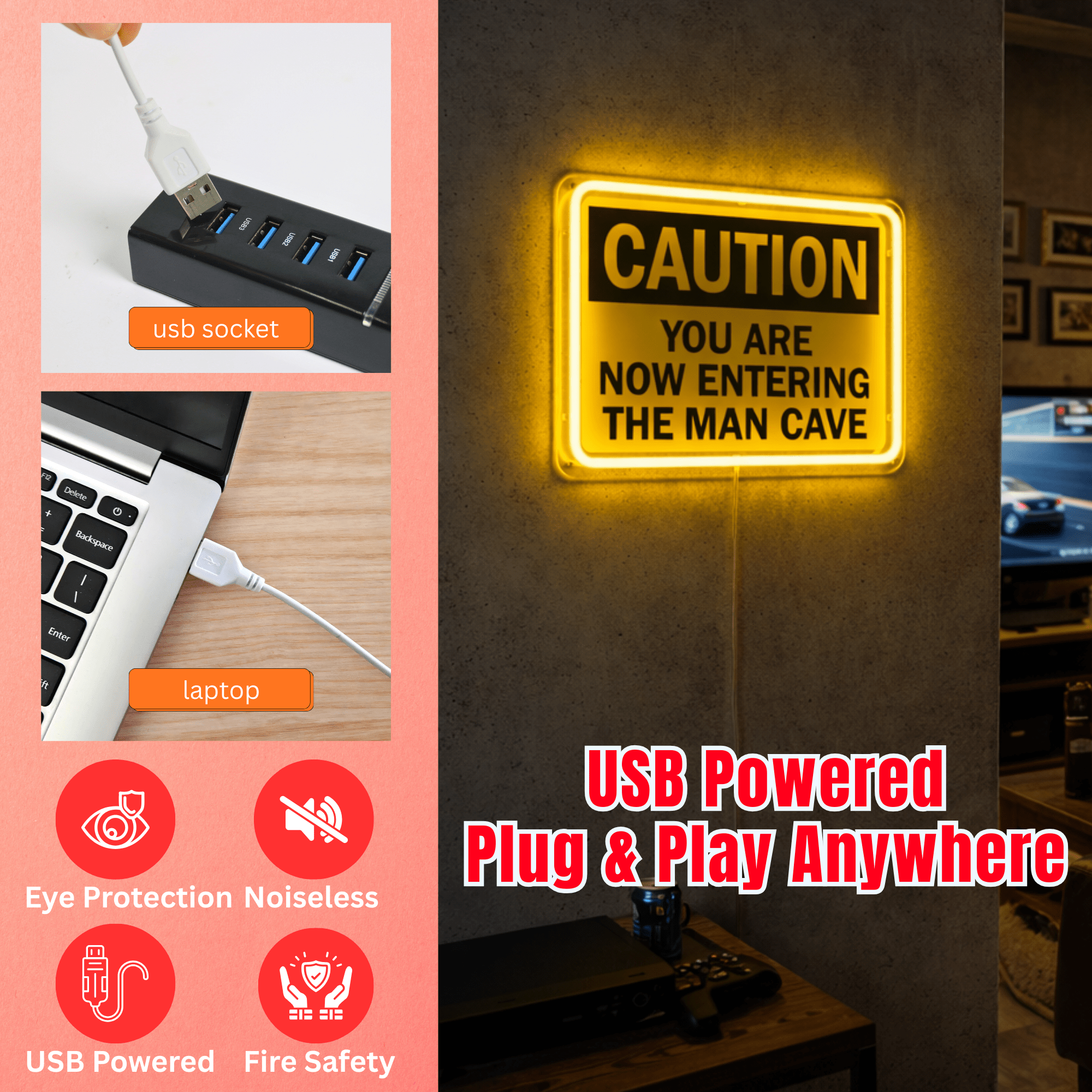 ShineNeon™ Caution Man Cave LED Neon Sign - Yellow Warning Light for Garage & Game Room - Shineneon