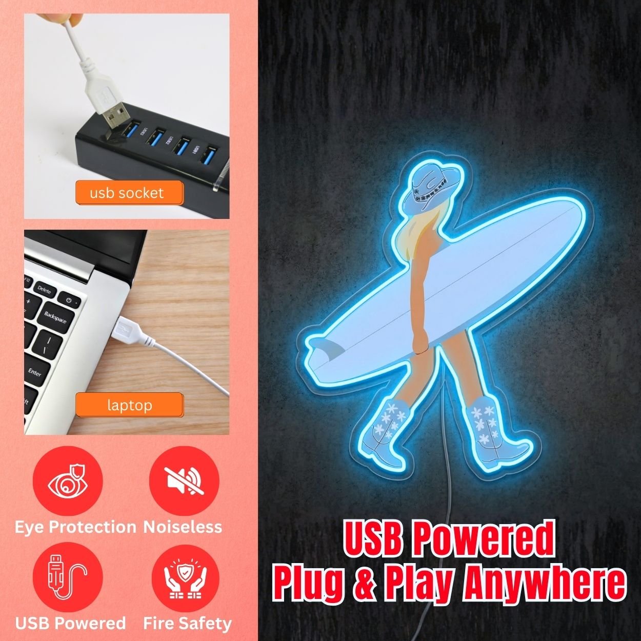 ShineNeon™ Coastal Cowgirl Neon Sign Surfboard & Boots Western Decor Art USB Power - Shineneon