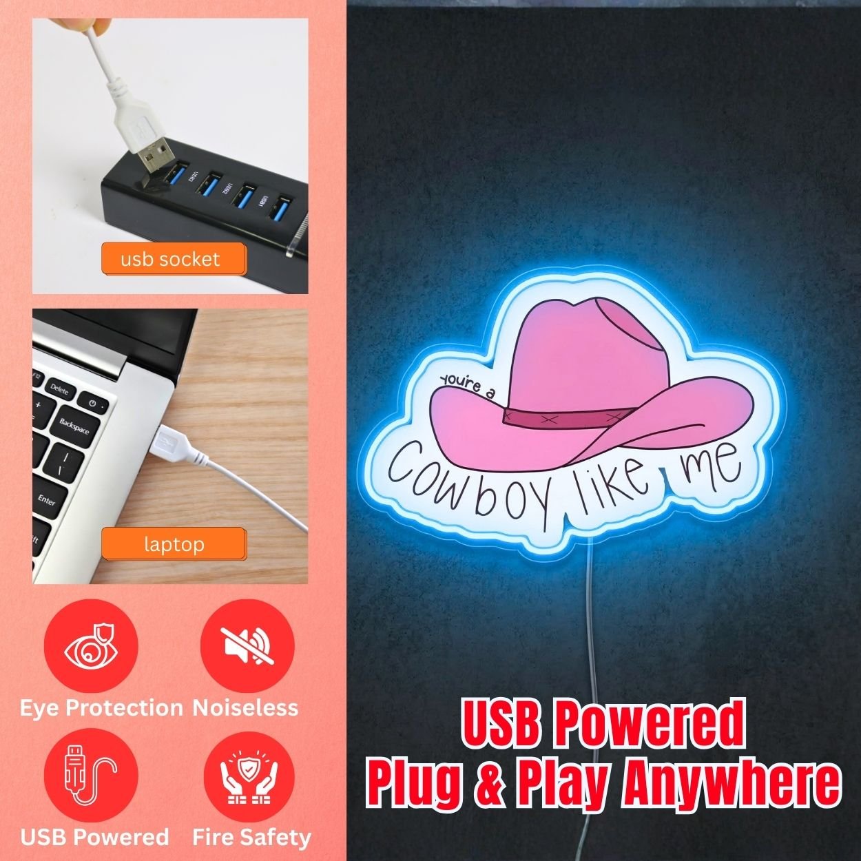 ShineNeon™ Cowboy Like Me Pink Hat Neon Sign Western Lyric Wall Decor USB Powered Sign - Shineneon