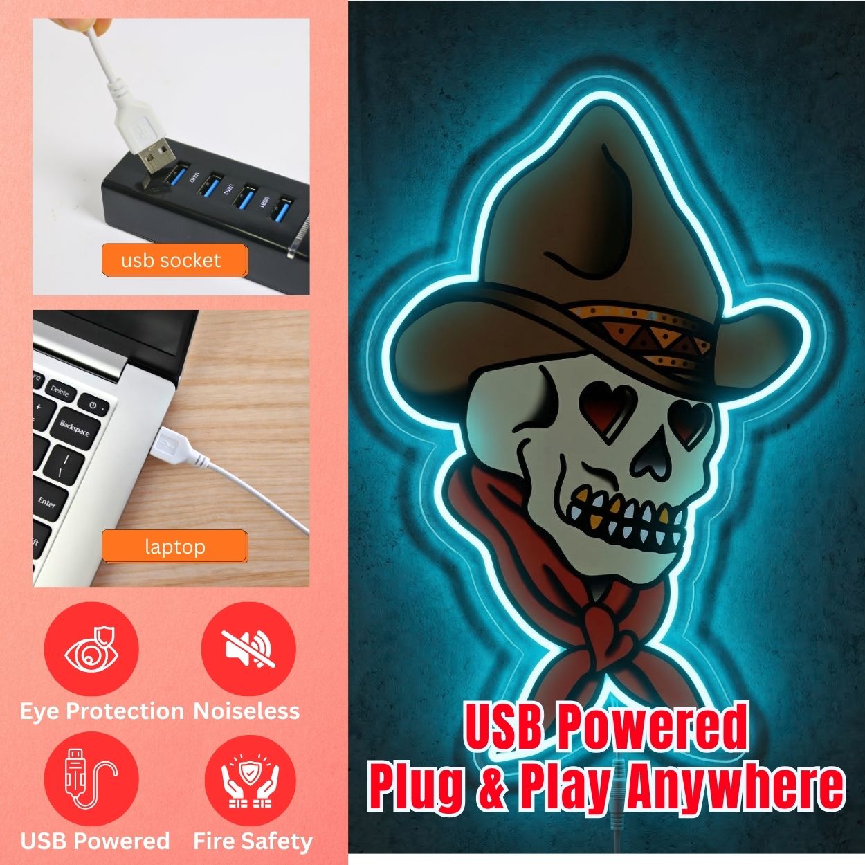 ShineNeon™ Cowboy Skull Heart Eyes LED Neon Sign Tattoo Art Western Wall Decor USB Power - Shineneon