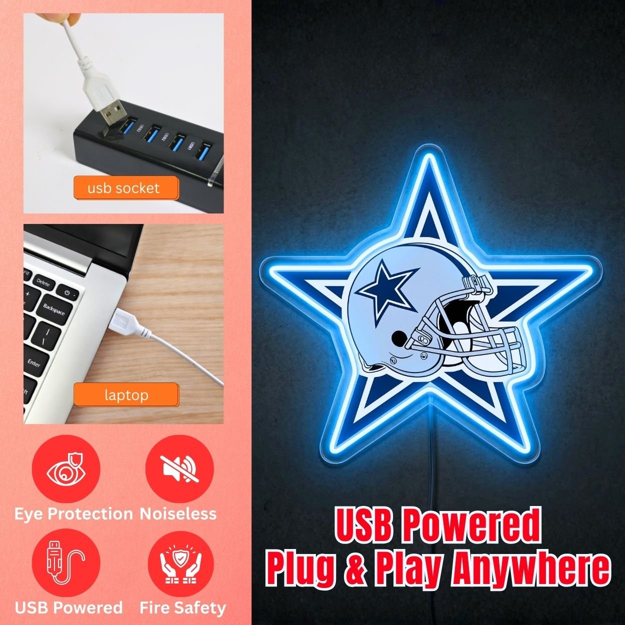 ShineNeon™ Dallas Football Helmet Neon Sign Lone Star State Sports Decor USB Power Neon Sign - Shineneon