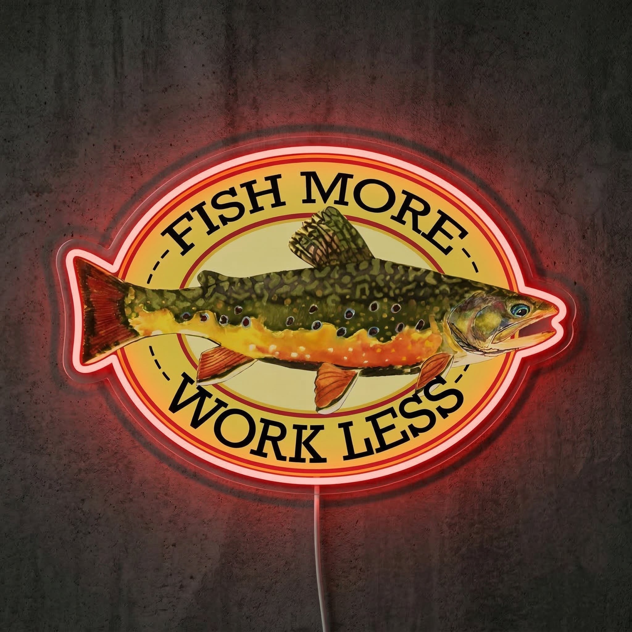 ShineNeon™ Fish More Work Less Brook Trout LED Neon Sign Fishing Den Wall Decor USB Power - Shineneon