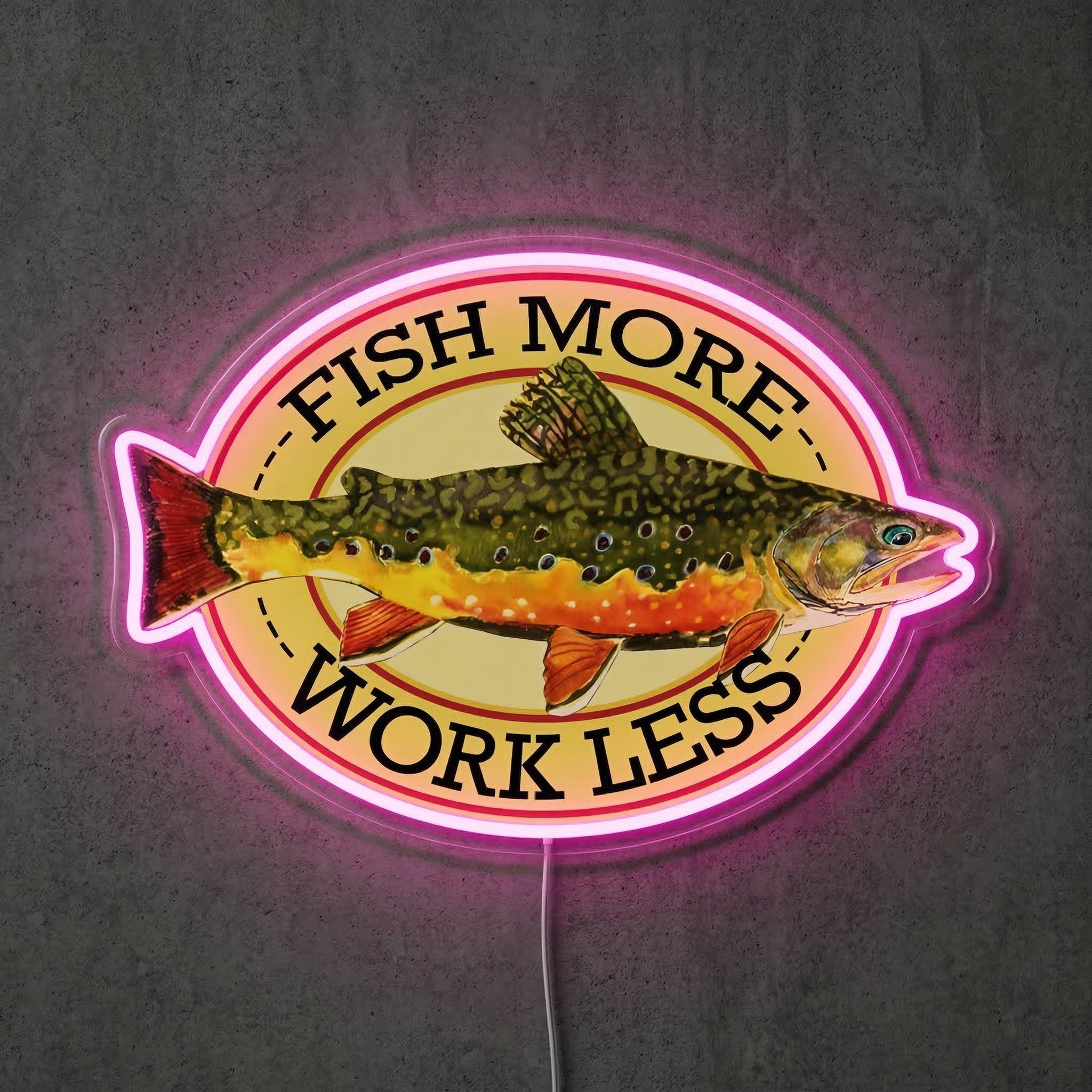 ShineNeon™ Fish More Work Less Brook Trout LED Neon Sign Fishing Den Wall Decor USB Power - Shineneon