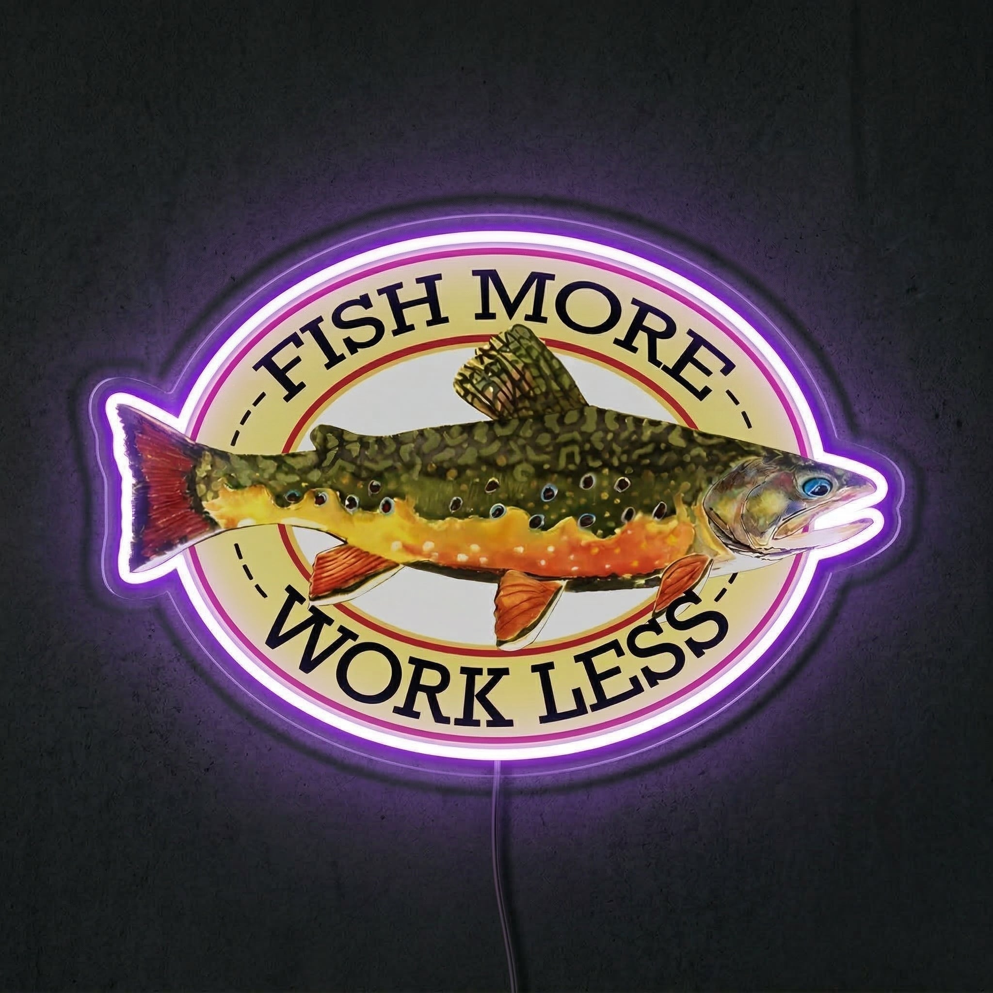 ShineNeon™ Fish More Work Less Brook Trout LED Neon Sign Fishing Den Wall Decor USB Power - Shineneon