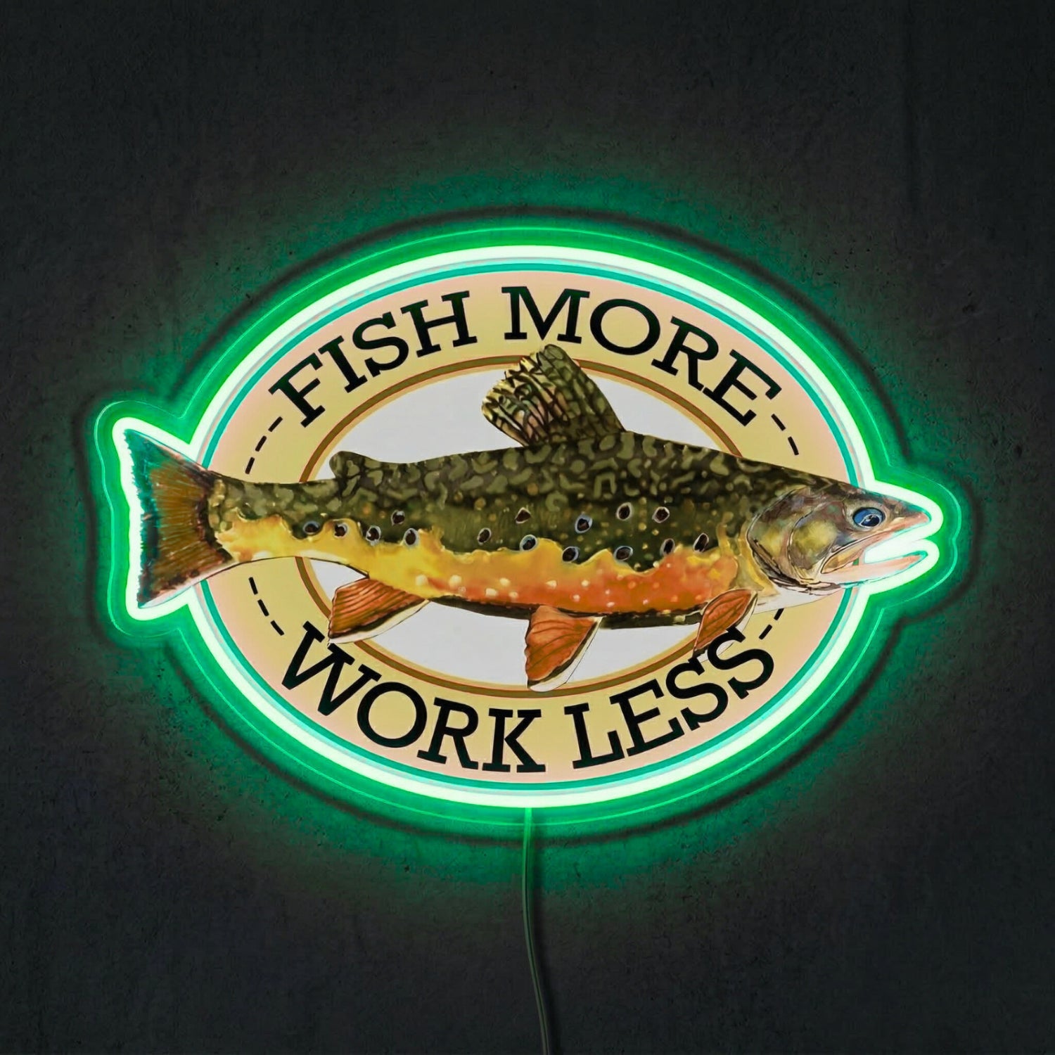 ShineNeon™ Fish More Work Less Brook Trout LED Neon Sign Fishing Den Wall Decor USB Power - Shineneon