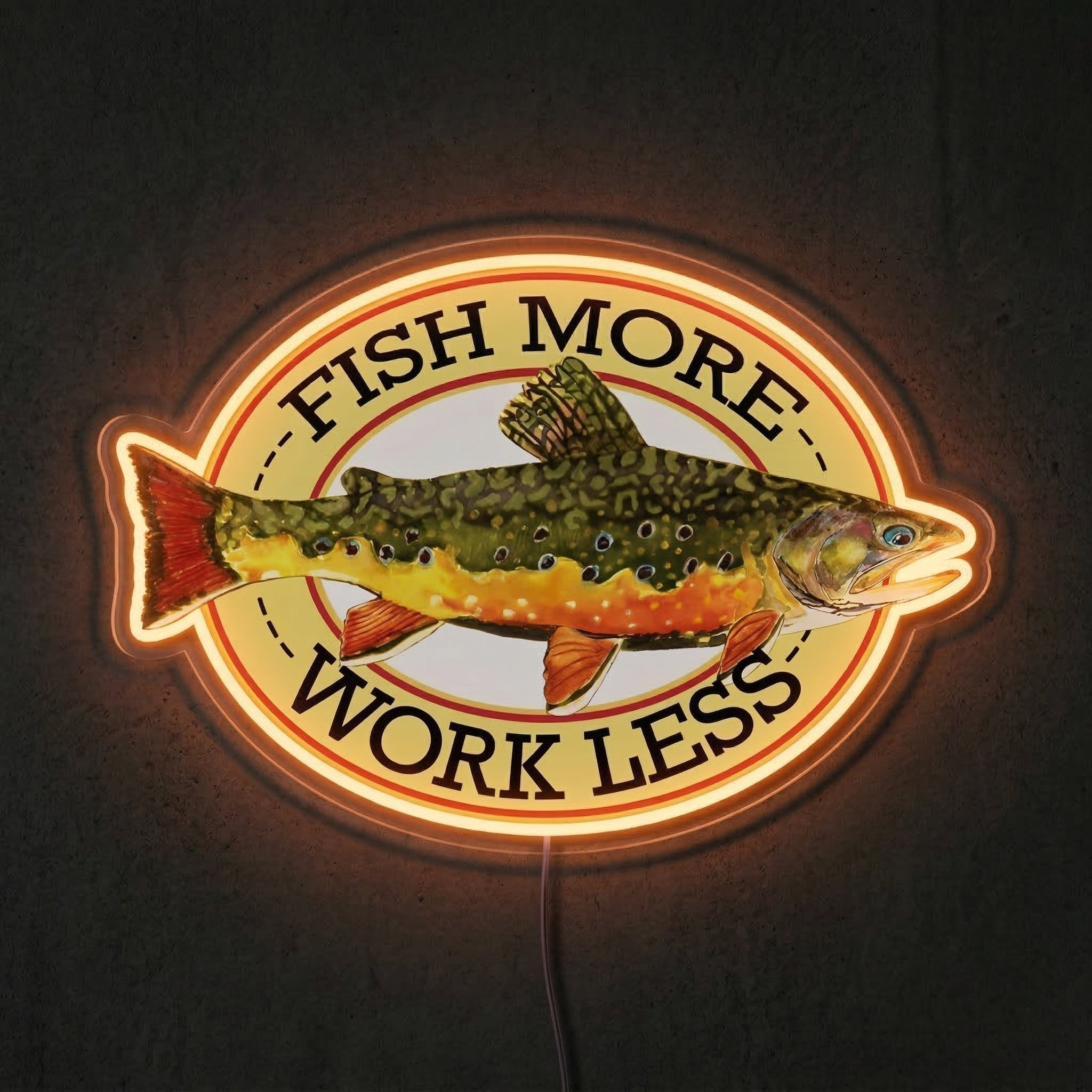 ShineNeon™ Fish More Work Less Brook Trout LED Neon Sign Fishing Den Wall Decor USB Power - Shineneon