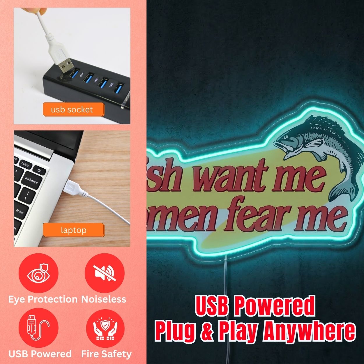 ShineNeon™ Fish Want Me Women Fear Me LED Neon Sign Funny Bass Fishing Decor USB Power - Shineneon