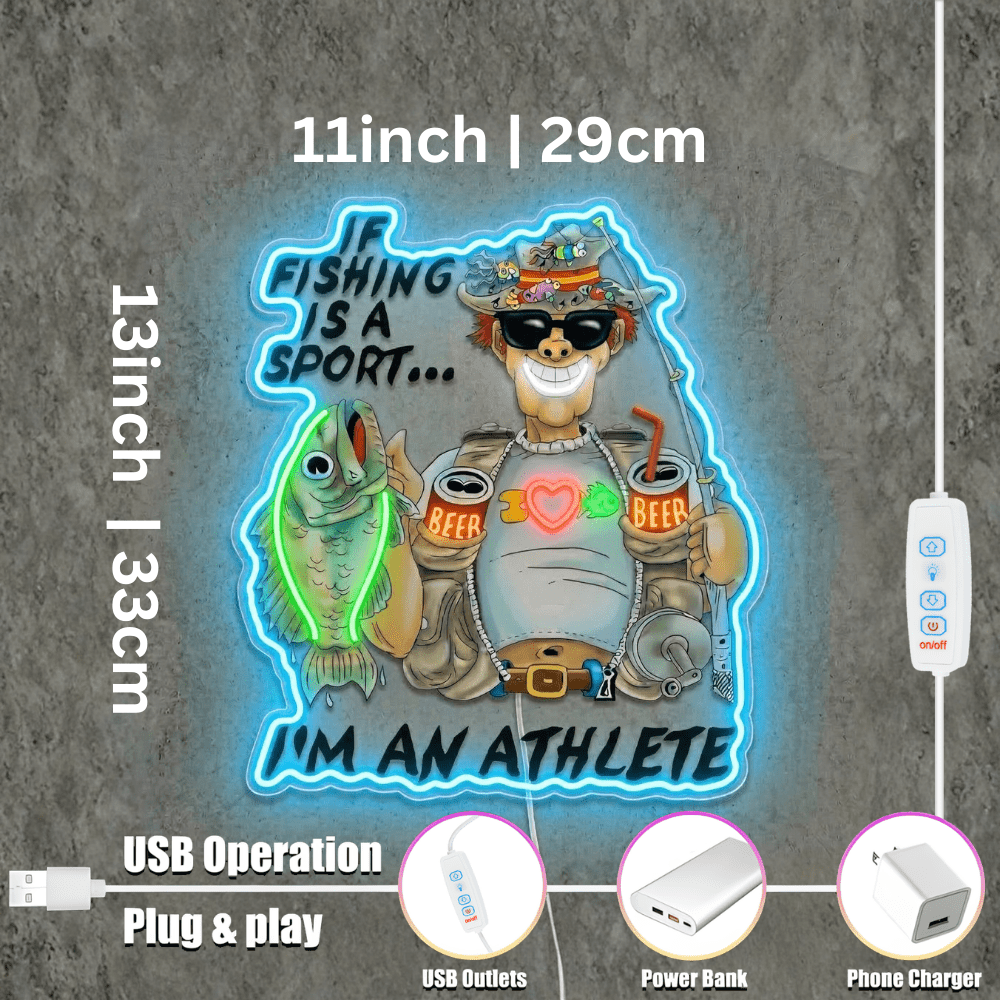 ShineNeon™ Funny Fishing Athlete Neon Sign Beer & Bass LED Wall Decor USB Powered - Shineneon